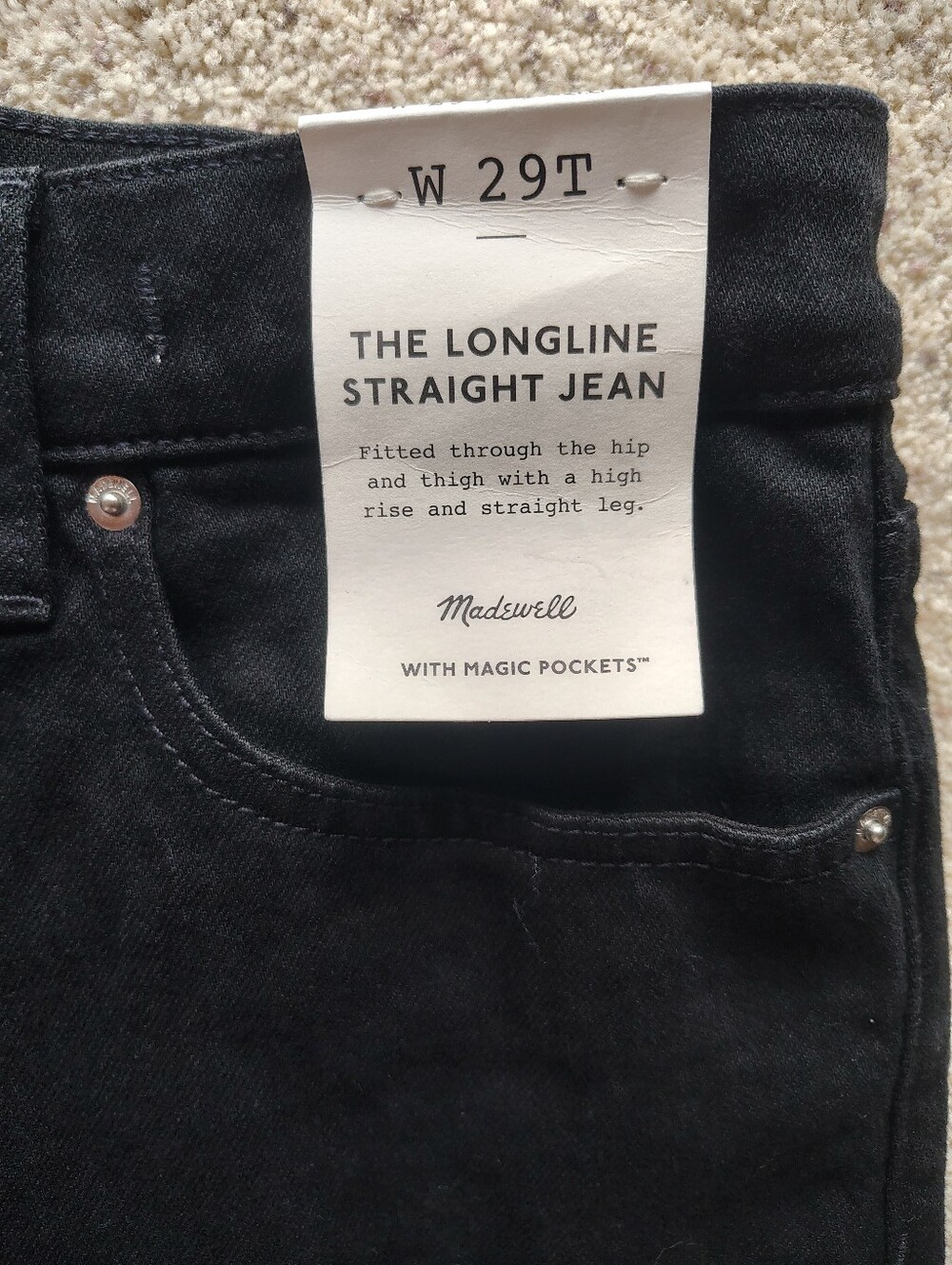 Madewell Black Longline Straight Jean New With Tags Size 29T Ladies